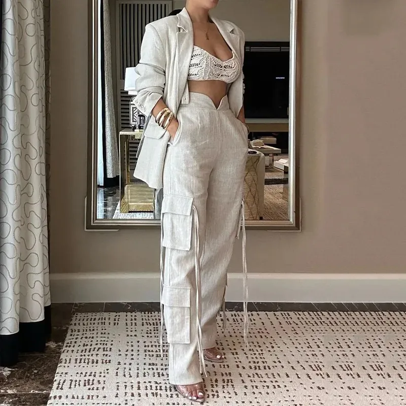Tenue 3 Pièces pour Femmes Blazer Décontracté Crop Top en Dentelle au Crochet et Pantalon Cargo Large Streetwear Vacances