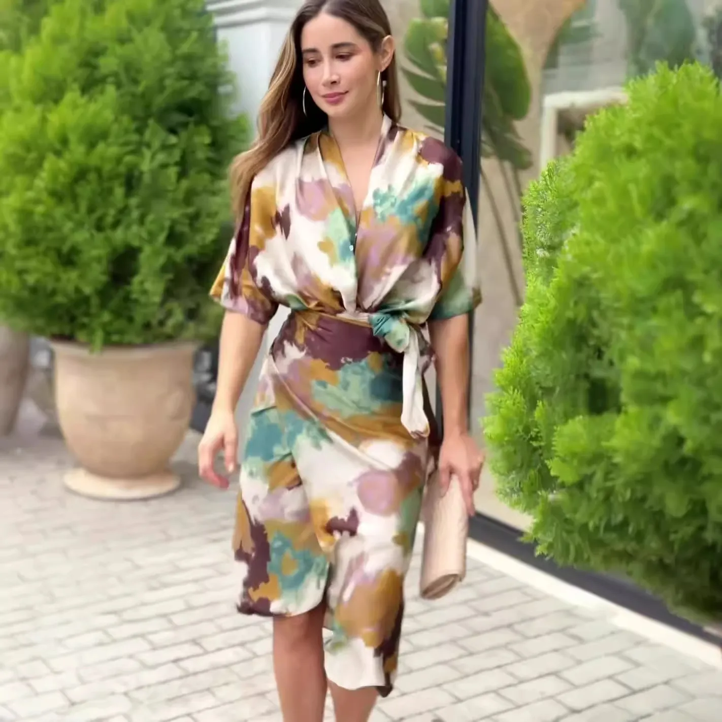 Women V Neck Printed Midi Dress Elegant High Waist Slim Fit Bodycon Summer Polyester Abstract Print Wrap Dress For Ladies