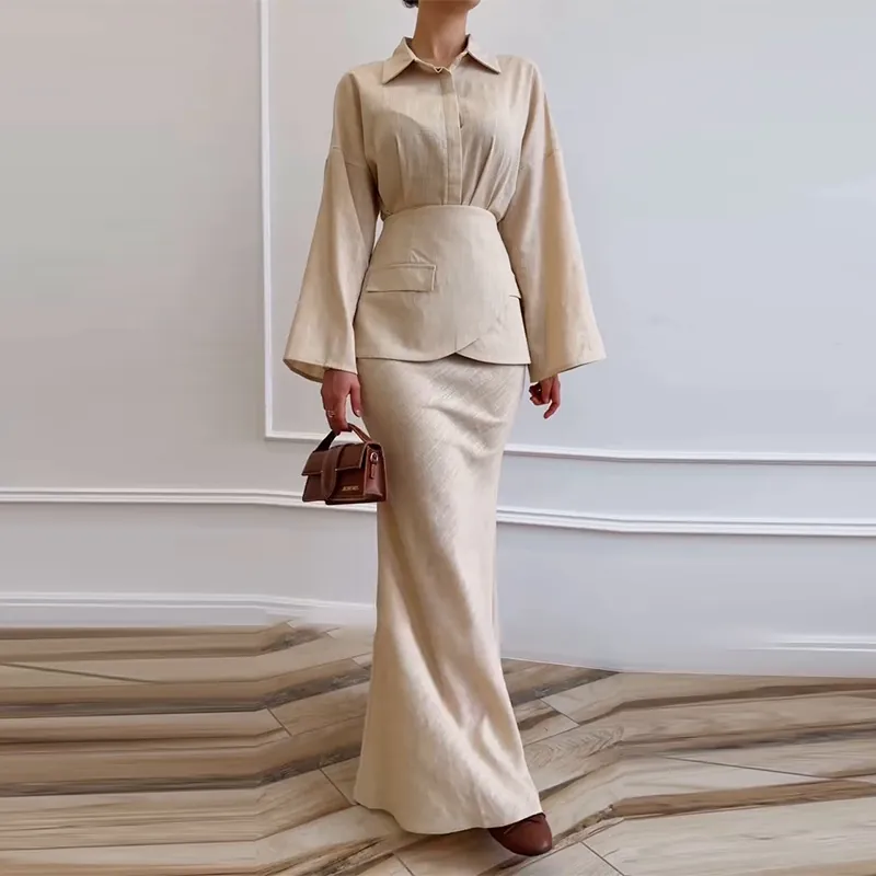 Women Lapel Long Sleeve Top And Bottom Polyester Slim Fit Maxi Skirt Set Elegant Commuter Minimalist Style Outfit