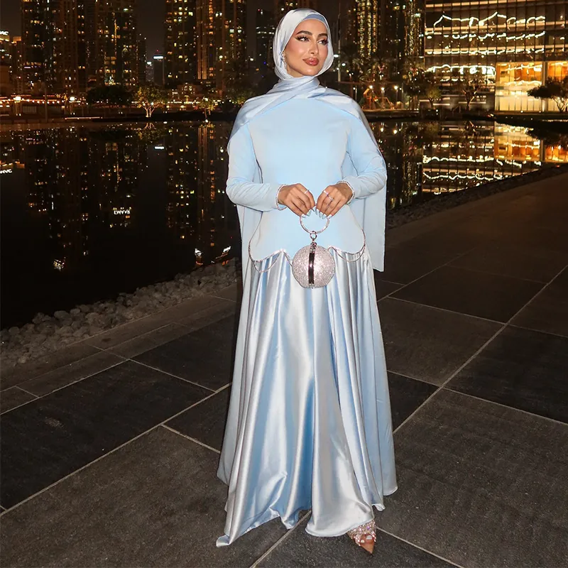 Light Blue Elegant Long Skirt Top With Hijab For Women Slim Fit Modest Fashion Satin Look Polyester Evening Dress