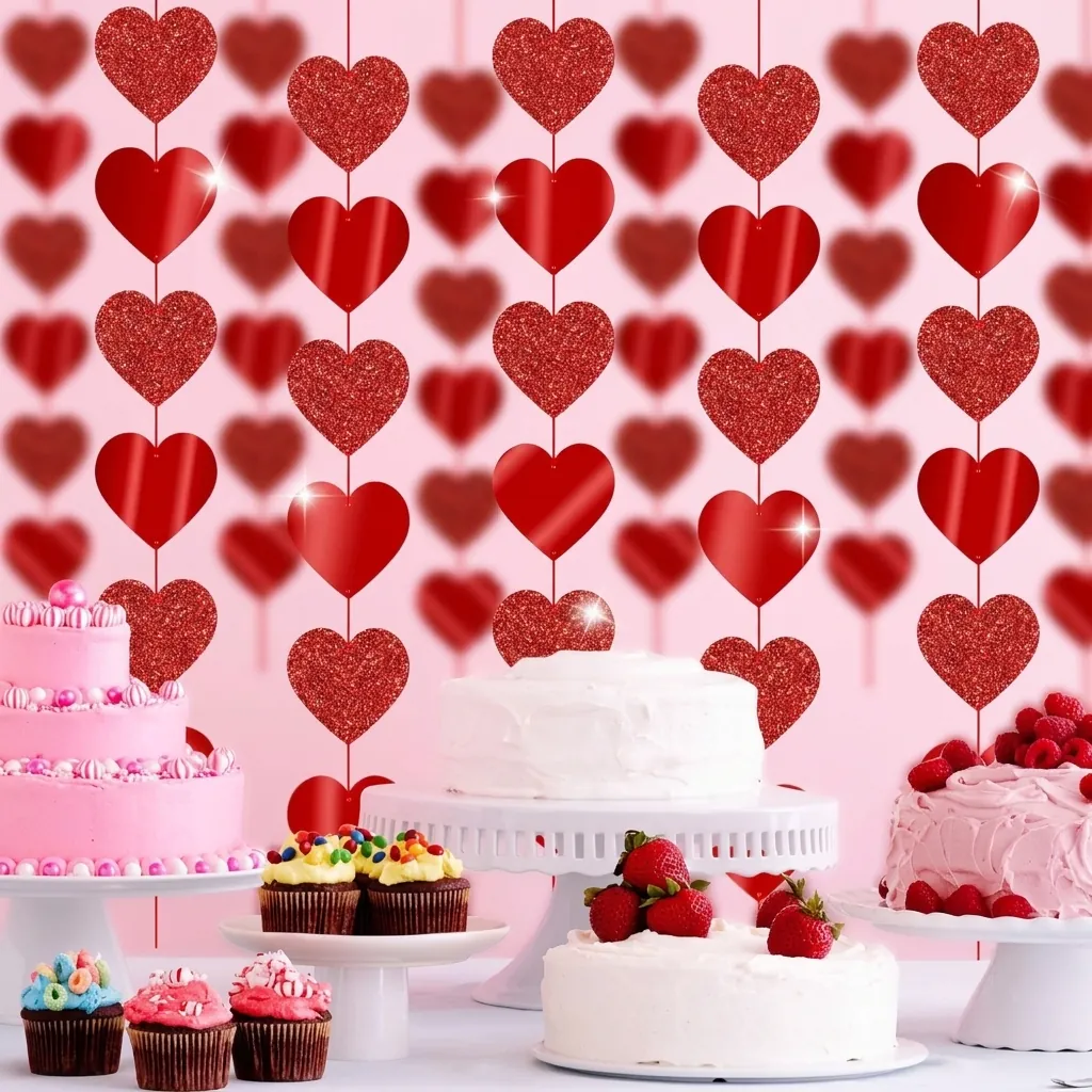 Guirlandes Suspendues Cœur Laser Rouge Pour Saint-Valentin Mariage Fête Plastique Miroir Paillettes Cœur Guirlandes Décoration