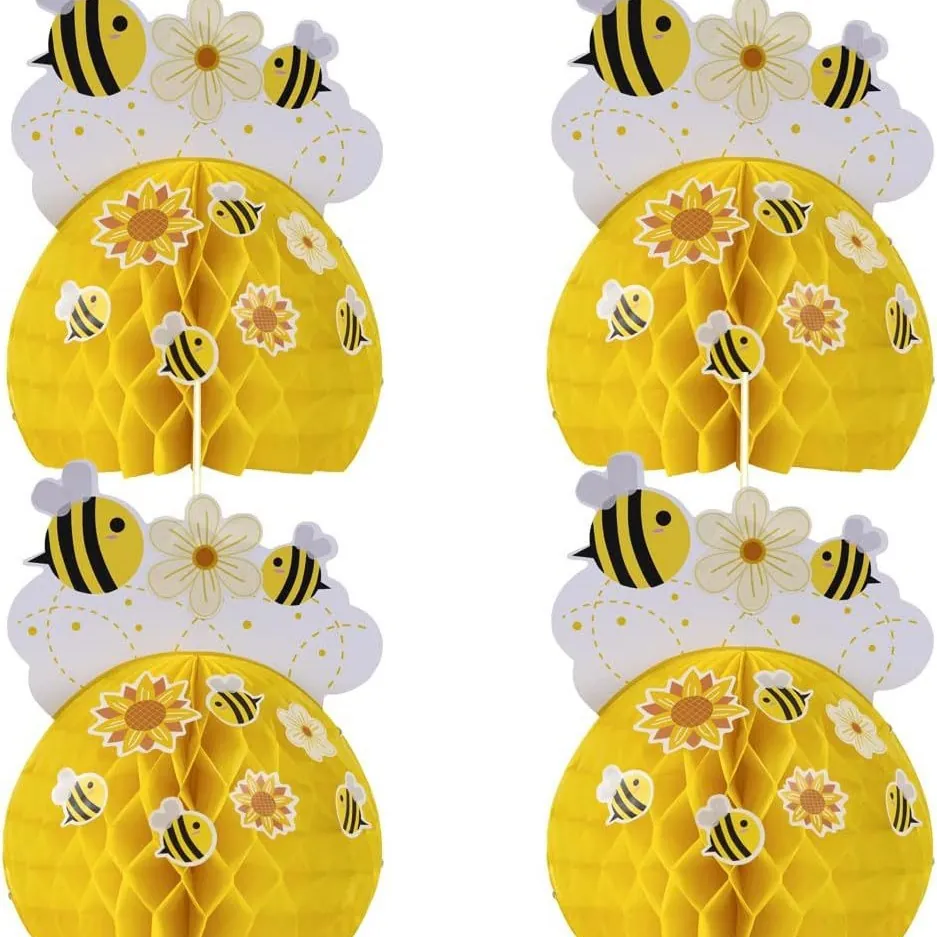 Bee Theme Honeycomb Centerpieces Paper Hanging Decorations For Kids Birthday Party Supplies Cute Bee Sunflower Table Decor