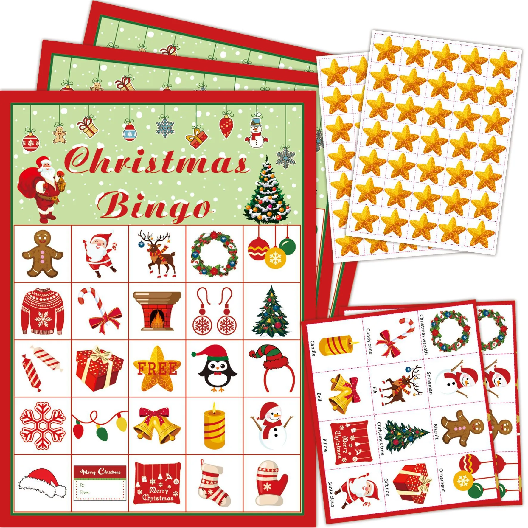 Jeu de Bingo de Noël pour 24 Joueurs Fournitures de Fête Dessin Animé Père Noël Bonhomme de Neige Cartes de Bingo en Papier pour Enfants Adultes Famille École