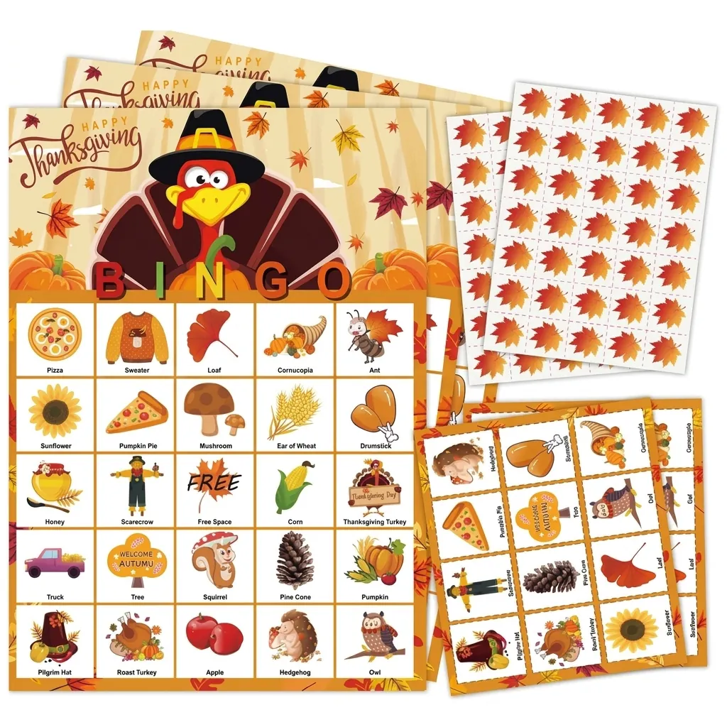 Thanksgiving Bingo Game Cards Set For 24 Players Festive Turkey Pumpkin Pattern Paper Party Favor Game For Family Party