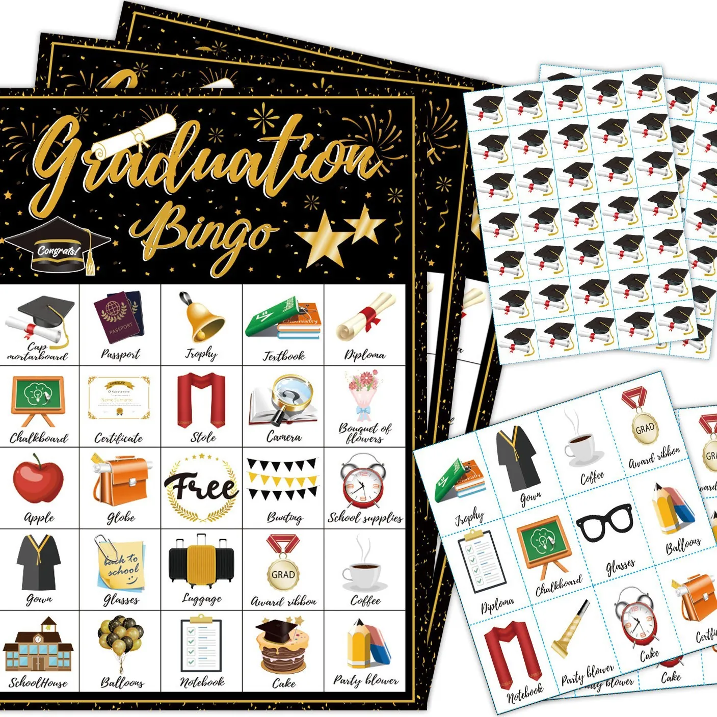 Graduation Party Bingo Game Cards Black Gold Celebration Theme Favors For Class Reunion Student Activities Party Supplies
