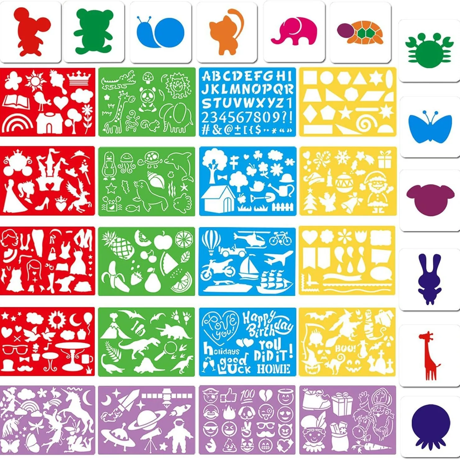 Set di 32 Stencil da Disegno in Plastica per Bambini Modelli di Pittura Educativi Lavabili per Animali Frutti Oceano Dinosauri Forniture Artistiche