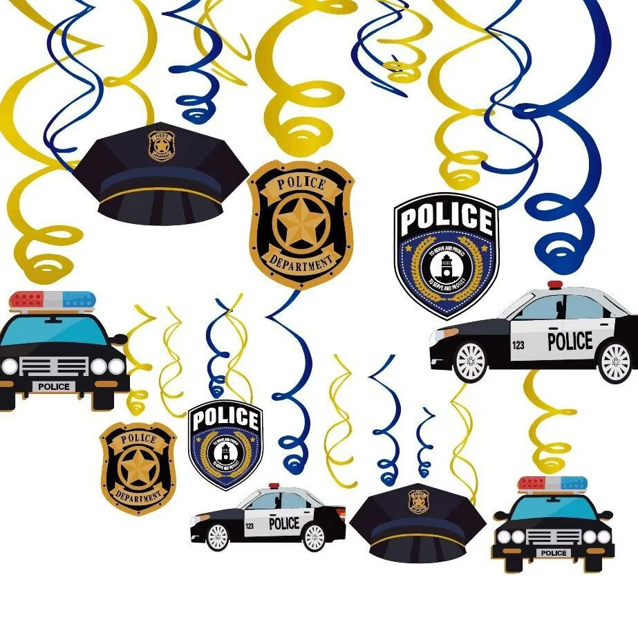 Décorations de Fête sur le Thème de la Police Ornements Suspendus en Spirale en PVC Pendentifs de Voiture de Police Insigne Chapeau pour Fête d'Anniversaire d'Enfants