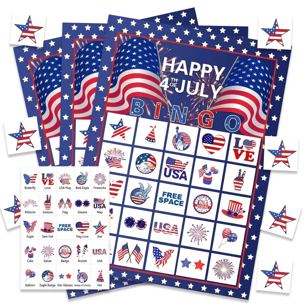 Unabhängigkeitstag Bingo Spiel Set Für 24 Spieler Amerikanische Flagge Feuerwerk Thema Party Favor Spielkarten Für Feiertage
