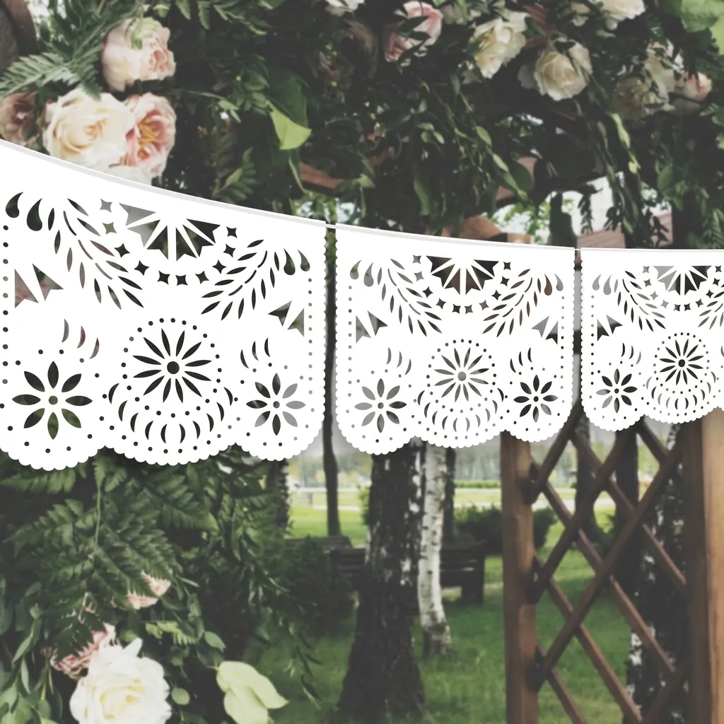 Μεξικάνικο Λευκό Σημαάκι Γάμου Papel Picado Διάτρητο Πλαστικό Banner Διακόσμηση Πάρτι Γενεθλίων Εξωτερικού Χώρου