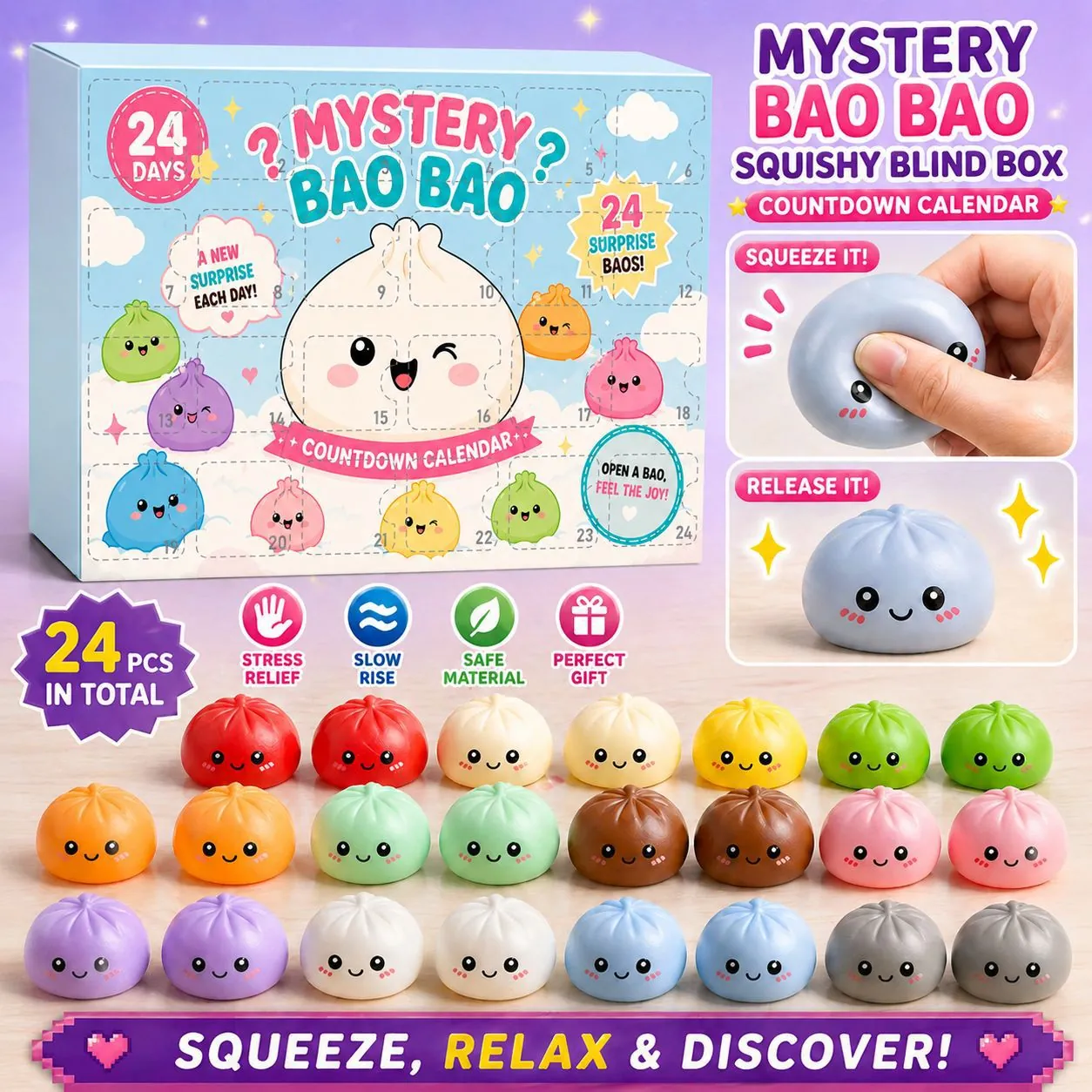 Scatola del Calendario dell'Avvento Mystery Dumpling Squishy in Gomma Morbida a Forma di Baozi Giocattoli Antistress per Adulti