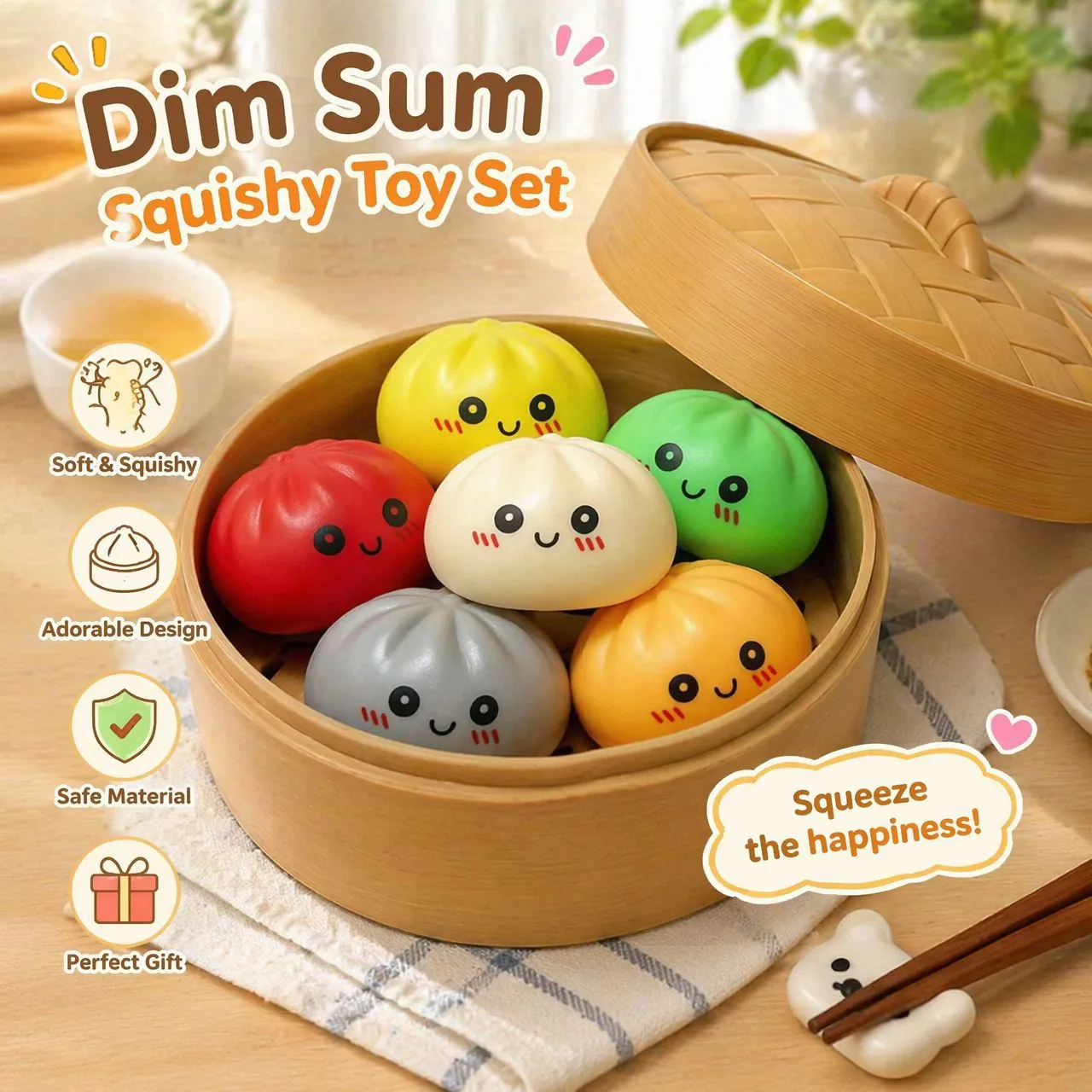 Bun Squishy Toy Set Dim Sum Steamer Fidget Stress Relief Toys Cartoon Expression Simulation Food Set For Kids Adults