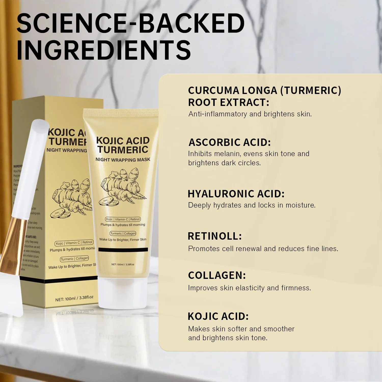 Masque de Nuit Enveloppant au Curcuma et Acide Kojique Éclaircissant Raffermissant Hydratant Soin de la Peau Masque Facial Peel Off Avec Pinceau en Silicone