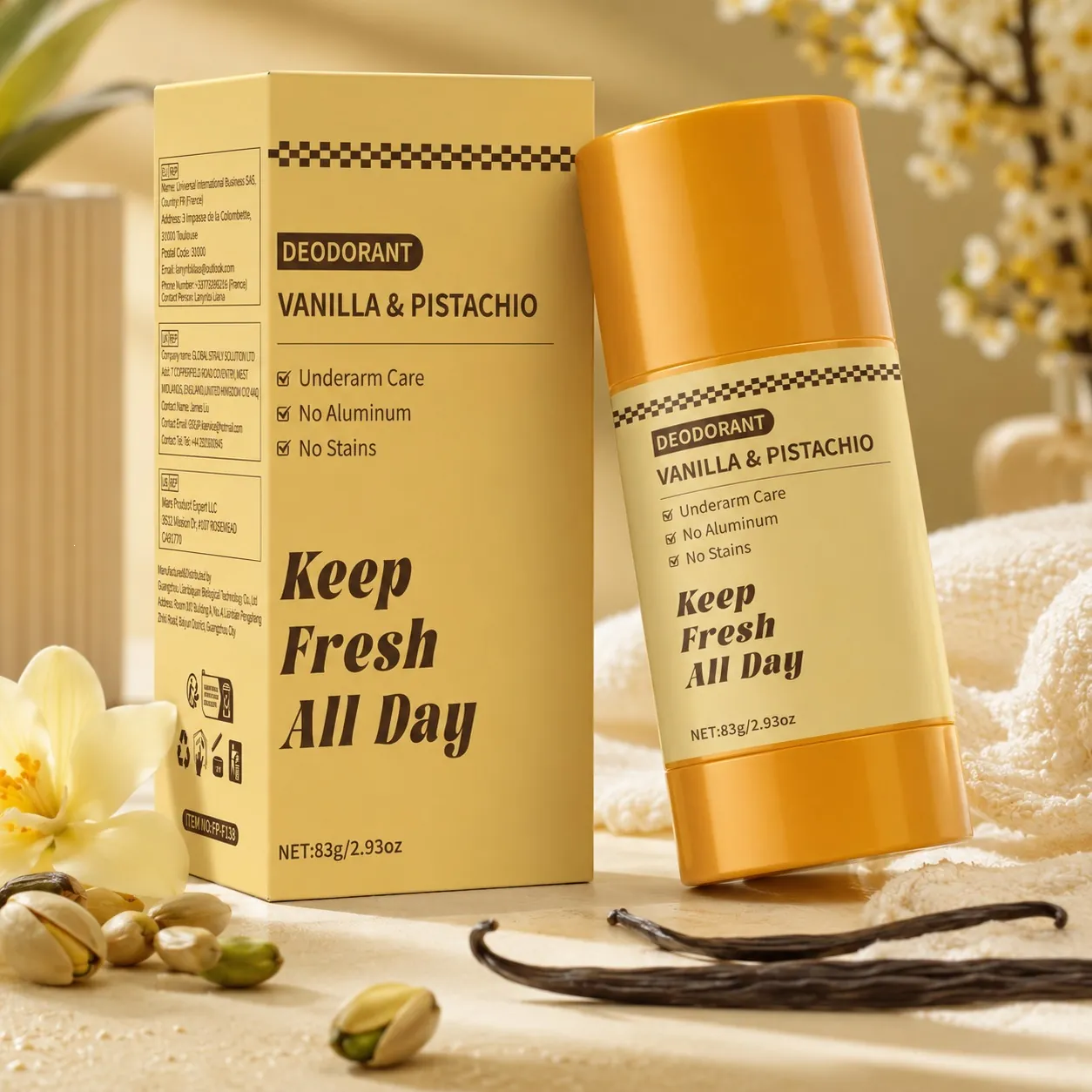 Kojic Acid Turmeric Deodorant Stick Aluminum Free Underarm Care Whitening Vanilla Pistachio Scent Natural Antiperspirant