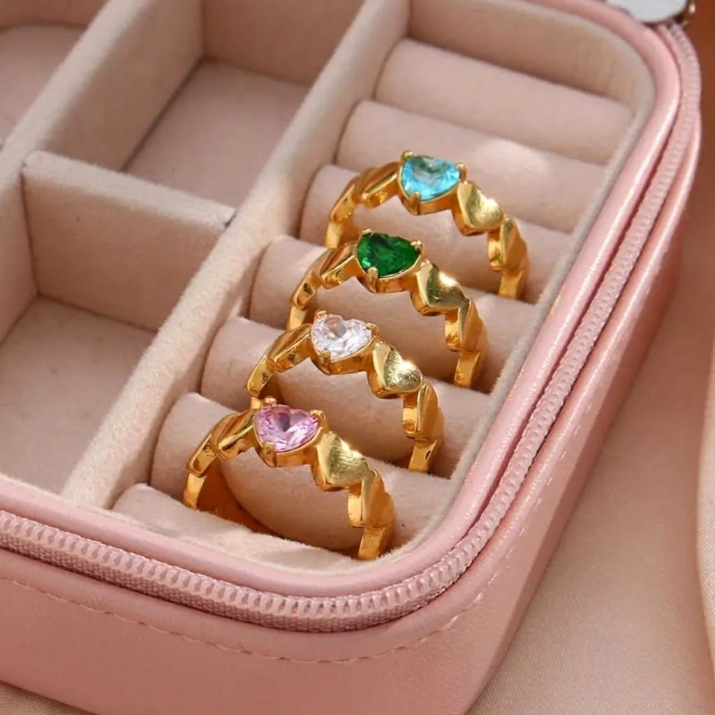 18K Gold Plated Stainless Steel Heart Zirconia Ring For Women Small Heart Shaped Gemstone Minimalist Fashion Jewelry Ring