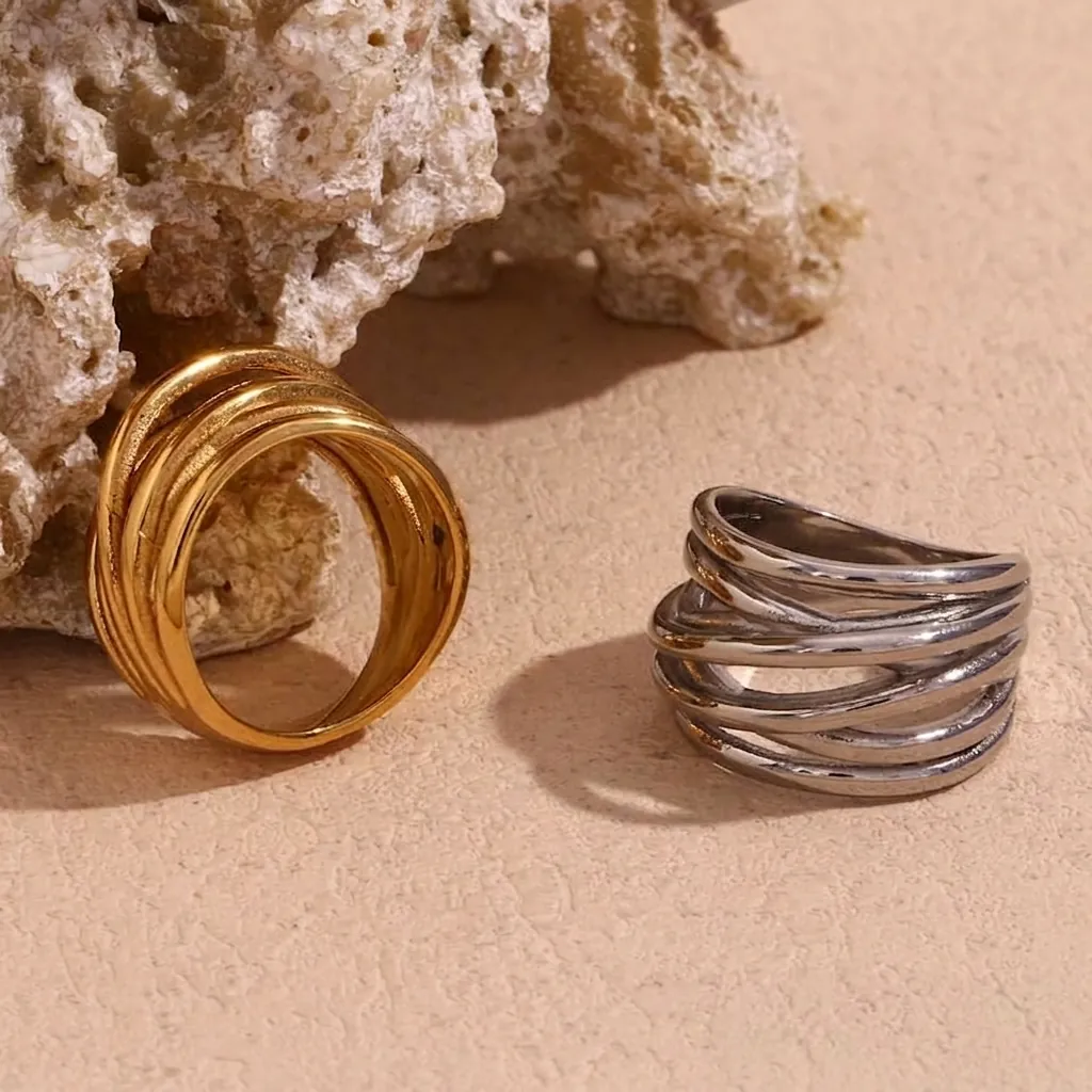 Wide Band Ring 18K Gold Plated Stainless Steel Irregular Woven Layered Wrap Crossover Vintage Chic Jewelry For Women
