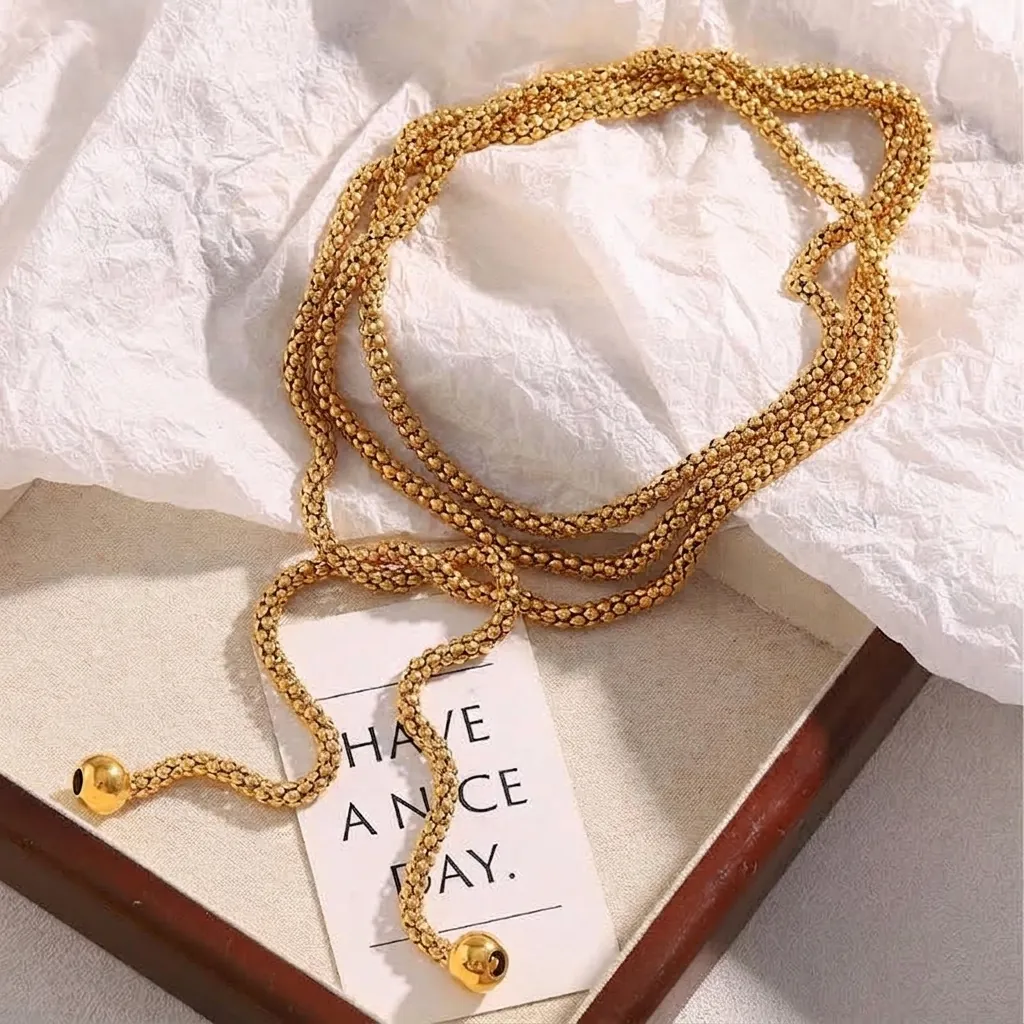 Minimalistische Edelstahl 18K Vergoldete Lange Lariat Halskette Gewebte Popcornkette Mit Kugelförmigen Anhängern Luxusschmuck Für Damen