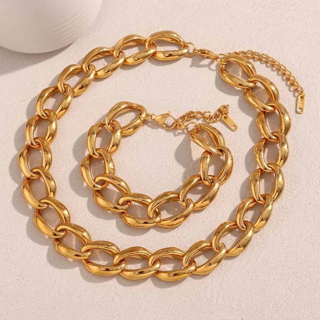 Conjunto de Joyería Minimalista de Acero Inoxidable Chapado en Oro de 18K para Mujer Collar y Pulsera de Cadena de Eslabones Gruesos Accesorios
