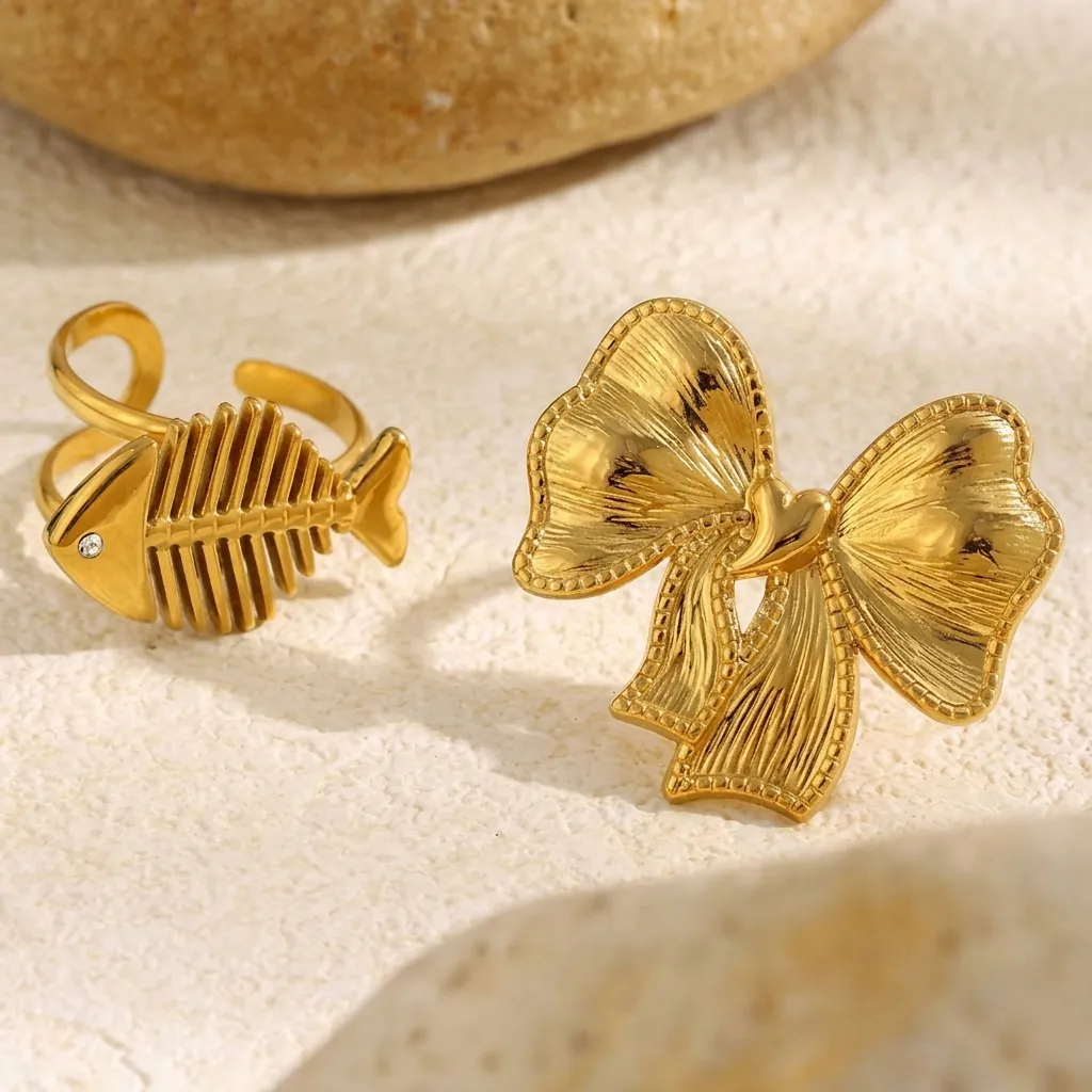 18K Gold Plated Stainless Steel Open Adjustable Rings Minimalist Fishbone Bowknot Fashion Jewelry For Women