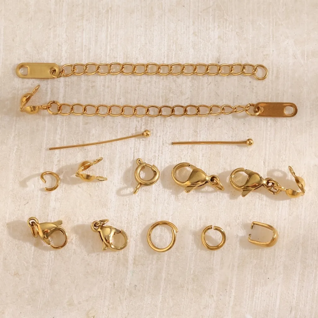 Fournitures Bijoux DIY Acier Inoxydable Plaque Or 18K Fermoirs Mousqueton Chaines Extension Anneaux Ouverts Tiges Pour Colliers