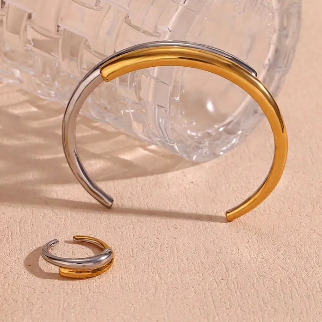 Bracciale Rigido Minimalista Bicolore E Anello Intrecciato Placcato Oro 18K Acciaio Inossidabile 316L Gioielli Geometrici Da Donna