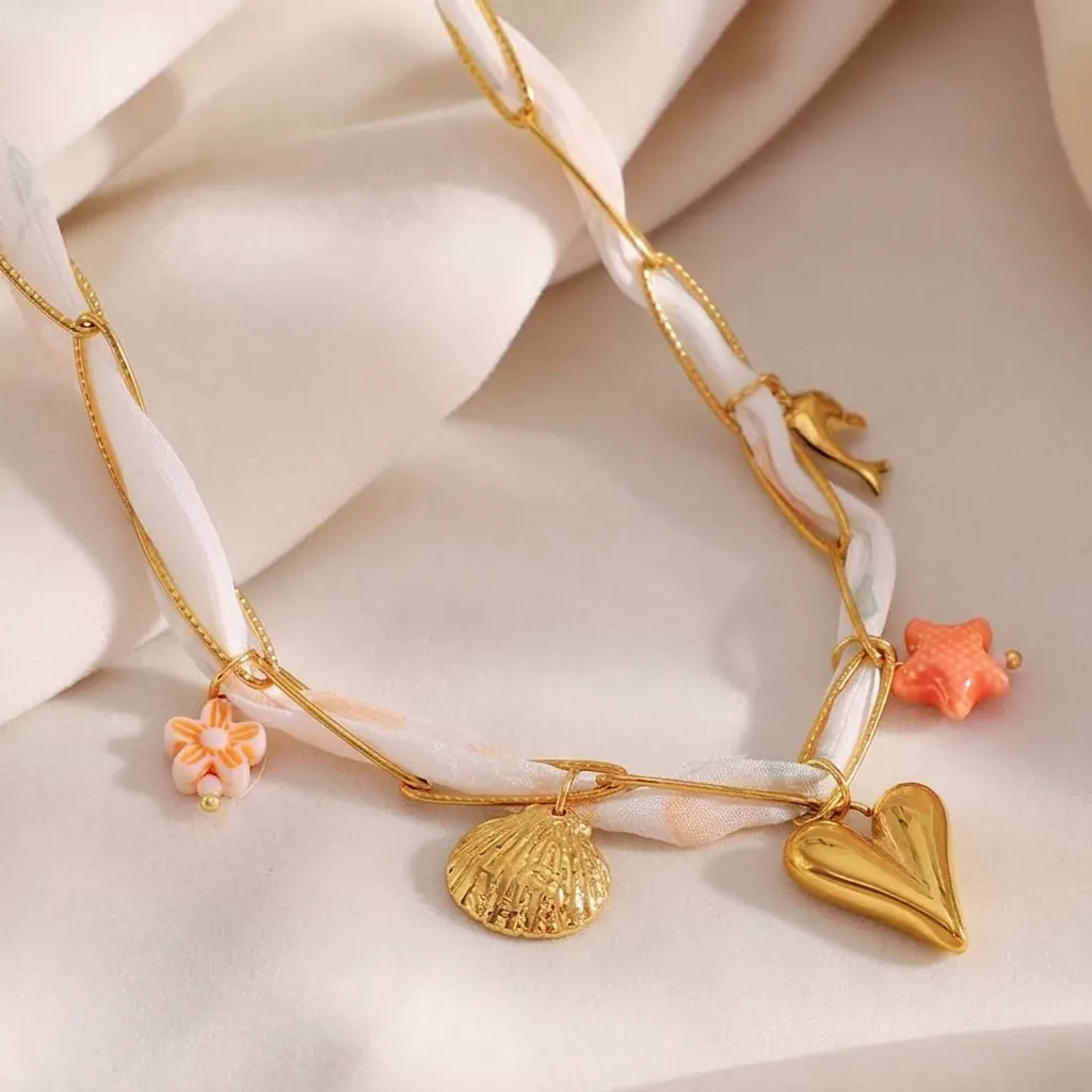 Bohemian Roestvrij Staal Hart Hanger Halsketting Met Geweven Lint Gevlochten Goud Vergulde Halsketting Voor Vrouwen Zomer Sieraden