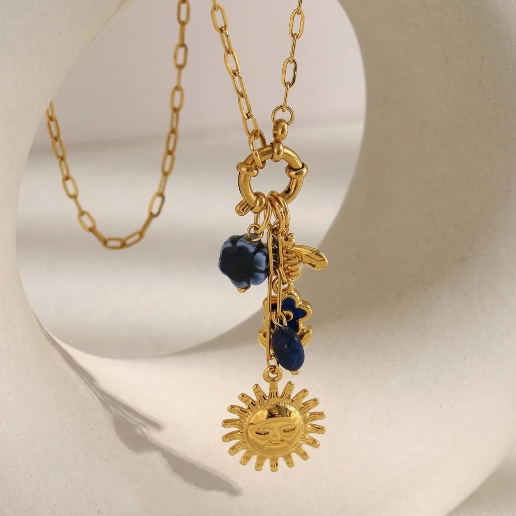 Collar Con Colgante De Sol Y Abeja Vintage Acero Inoxidable Chapado En Oro De 18K Cadena De Clip Flor Azul Joyería Para Mujer