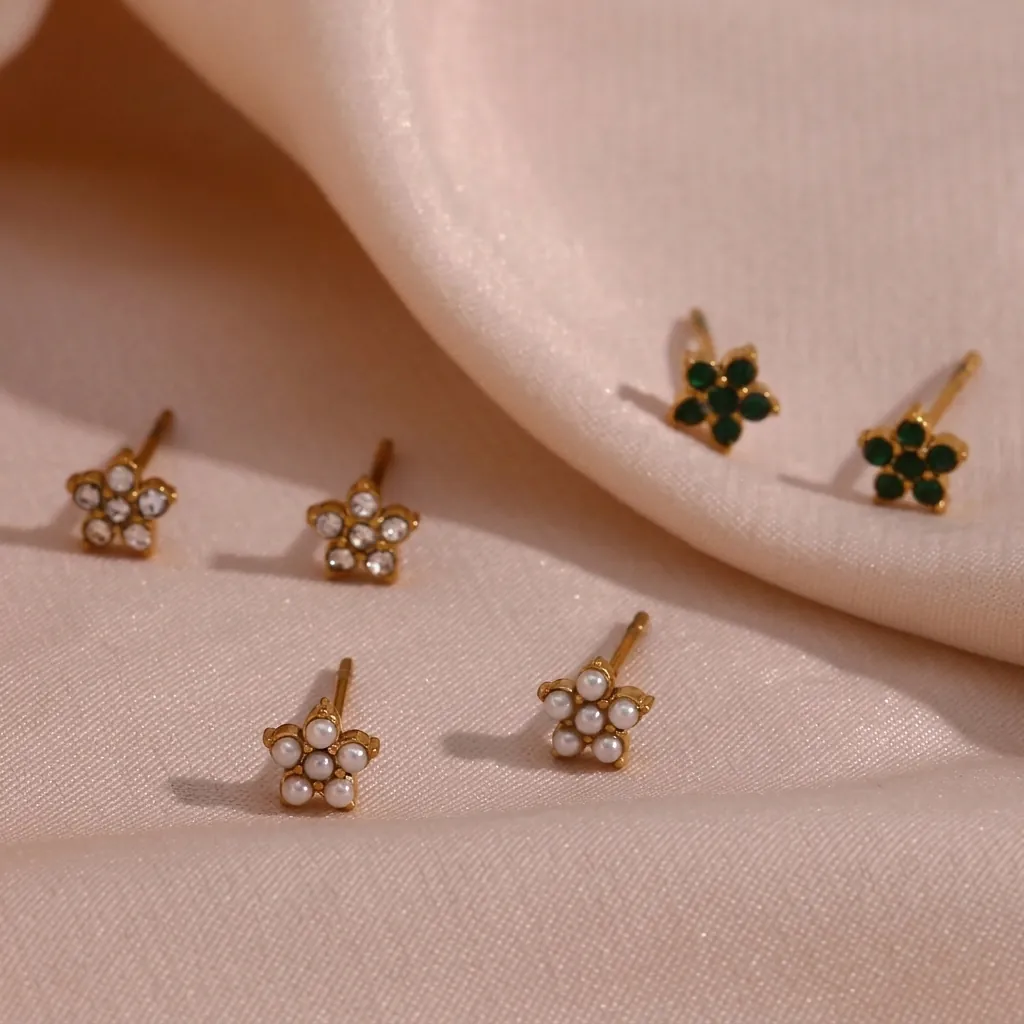 Flower Stud Earrings Gold Plated Stainless Steel Minimalist Elegant Tiny Artificial Pearl Zircon Jewelry For Women