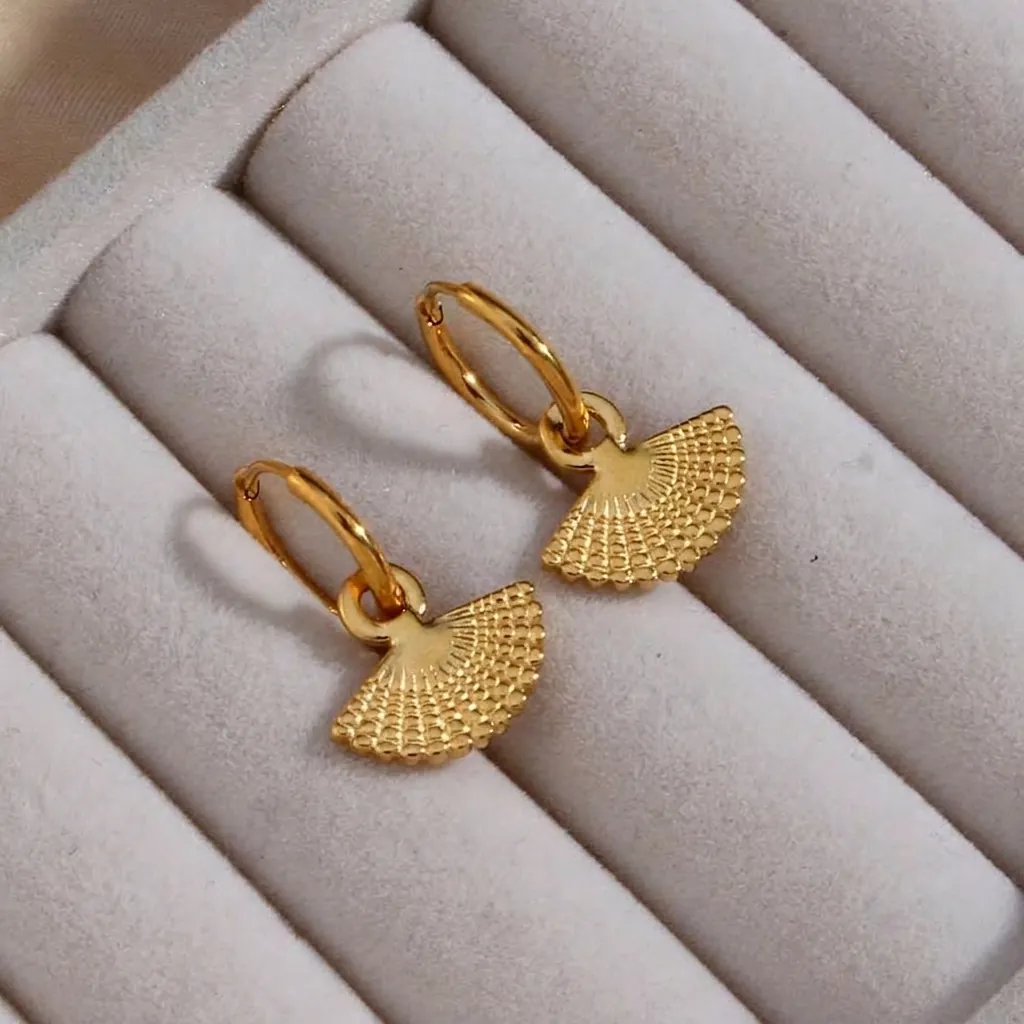 Créoles Bohèmes Vintage en Forme d'Éventail Acier Inoxydable Texturé Boucles d'Oreilles Géométriques Femme Bijoux