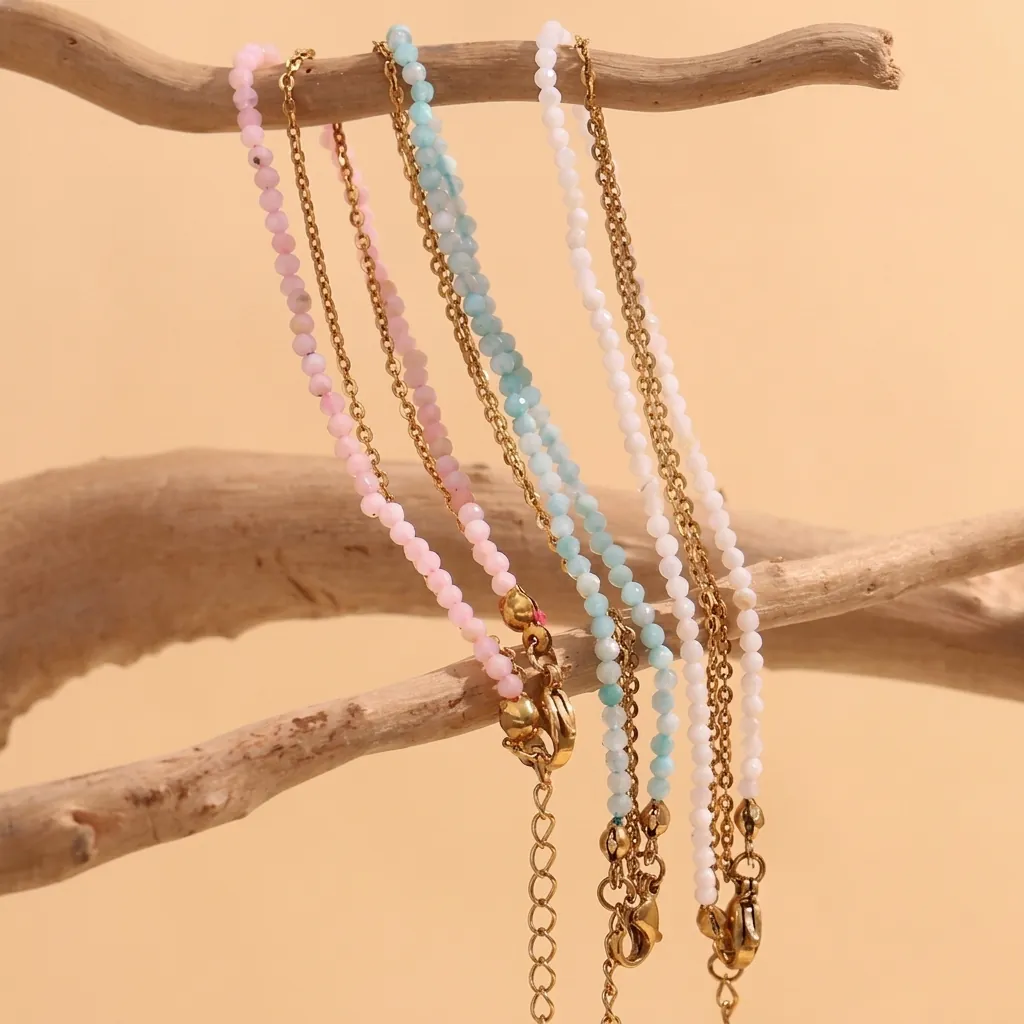Double Layer Anklet 18K Gold Plated Stainless Steel Natural Stone Beads Bohemian Foot Jewelry Adjustable Chain