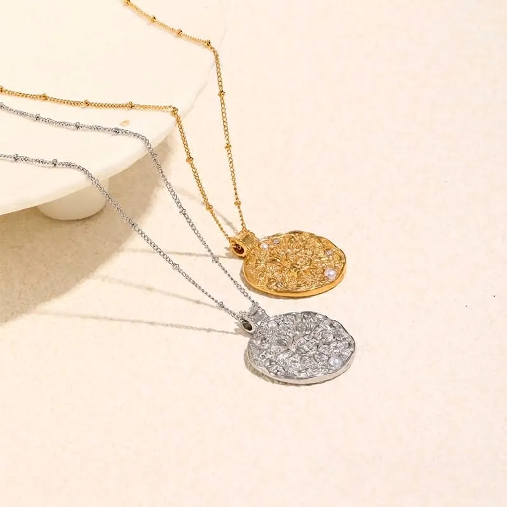 Sun Moon Face Relief Coin Pendant Necklace Gold Plated Stainless Steel Artificial Pearl Zircon Vintage Bohemian Style For Women