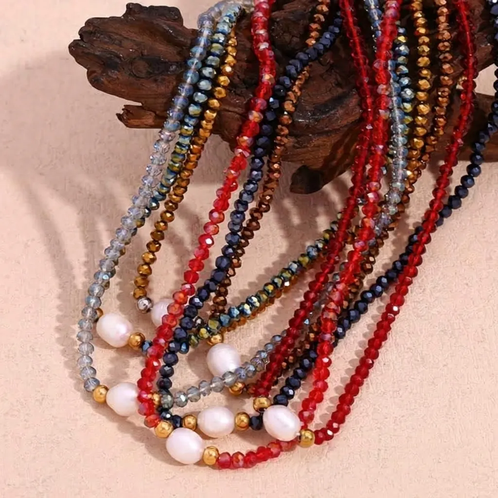 Faceted Crystal Beaded Necklace With Artificial Baroque Pearl And Stainless Steel Accents For Women Retro Boho Style Jewelry