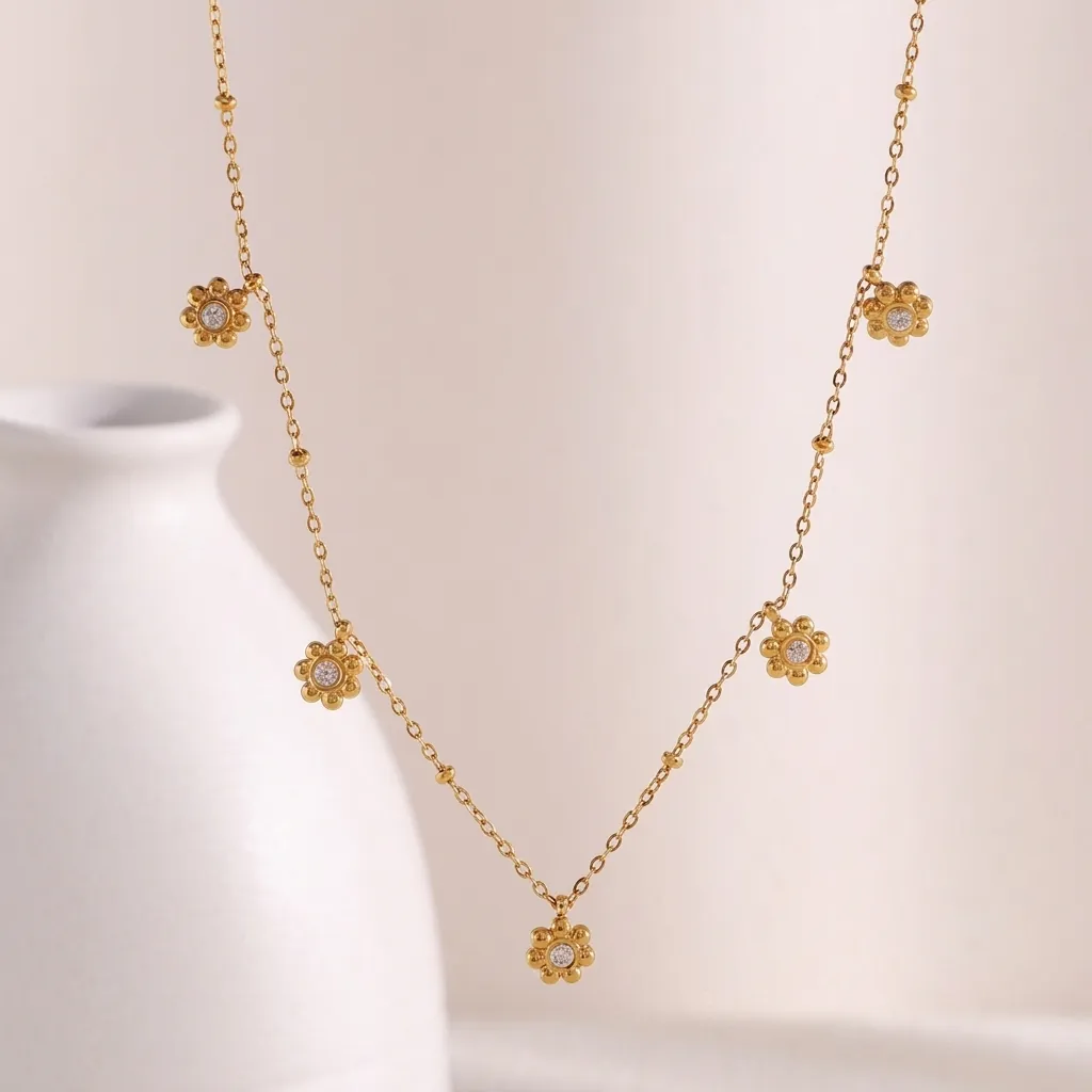 Collana Con Ciondolo A Fiore Placcata Oro 18K Acciaio Inossidabile Zircone Incastonato Catena A Sfere Diversi Fiori Donna
