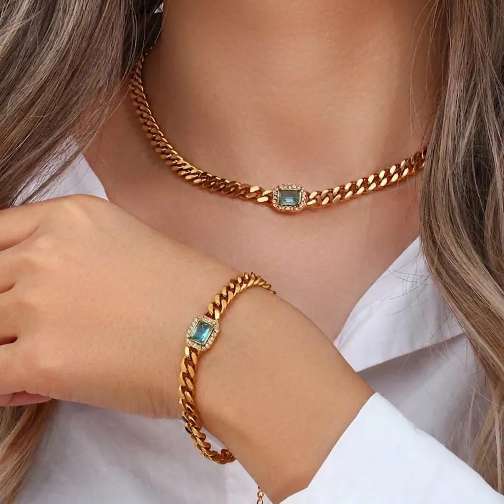 Stainless Steel Cuban Link Necklace And Bracelet With Rectangular Zirconia Gold Plated Geometric Pendant Daily Jewelry For Women