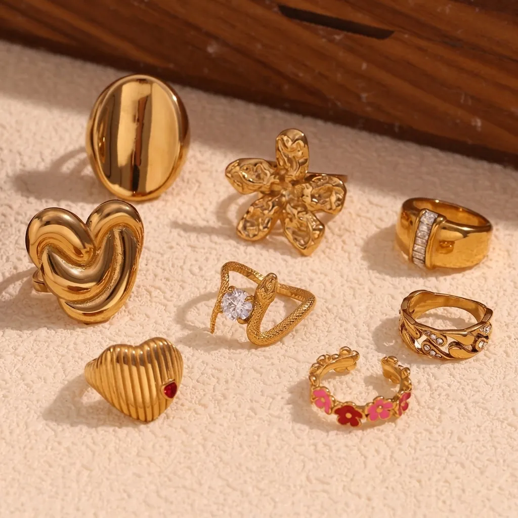 Vintage Stainless Steel Rings For Women 18K Gold Plated Fashion Heart Snake Flower Geometric Zircon Jewelry