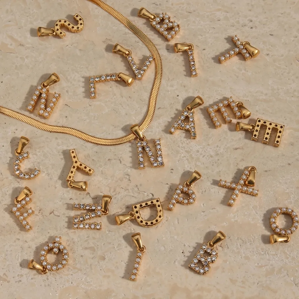 Pendentif Lettre Initiale Anglaise Acier Inoxydable Plaqué Or 18K Zircon Künstliche Perle Incrustée Breloques Bijoux DIY Femme