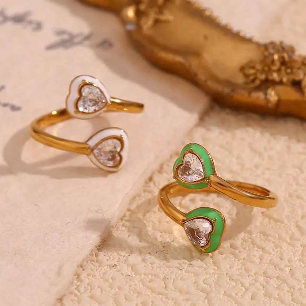 Bague Ouverte Zircon En Forme De Coeur Plaquée Or 18 Carats Acier Inoxydable Émail Réglable Bijoux Pour Femmes Cadeau