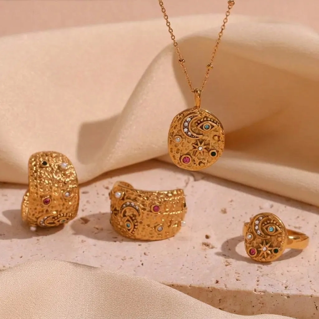 Collier Pendentif Étoile Lune Acier Inoxydable Vintage Martelé Plaqué Or Strass Perle Artificielle Bague Bijoux