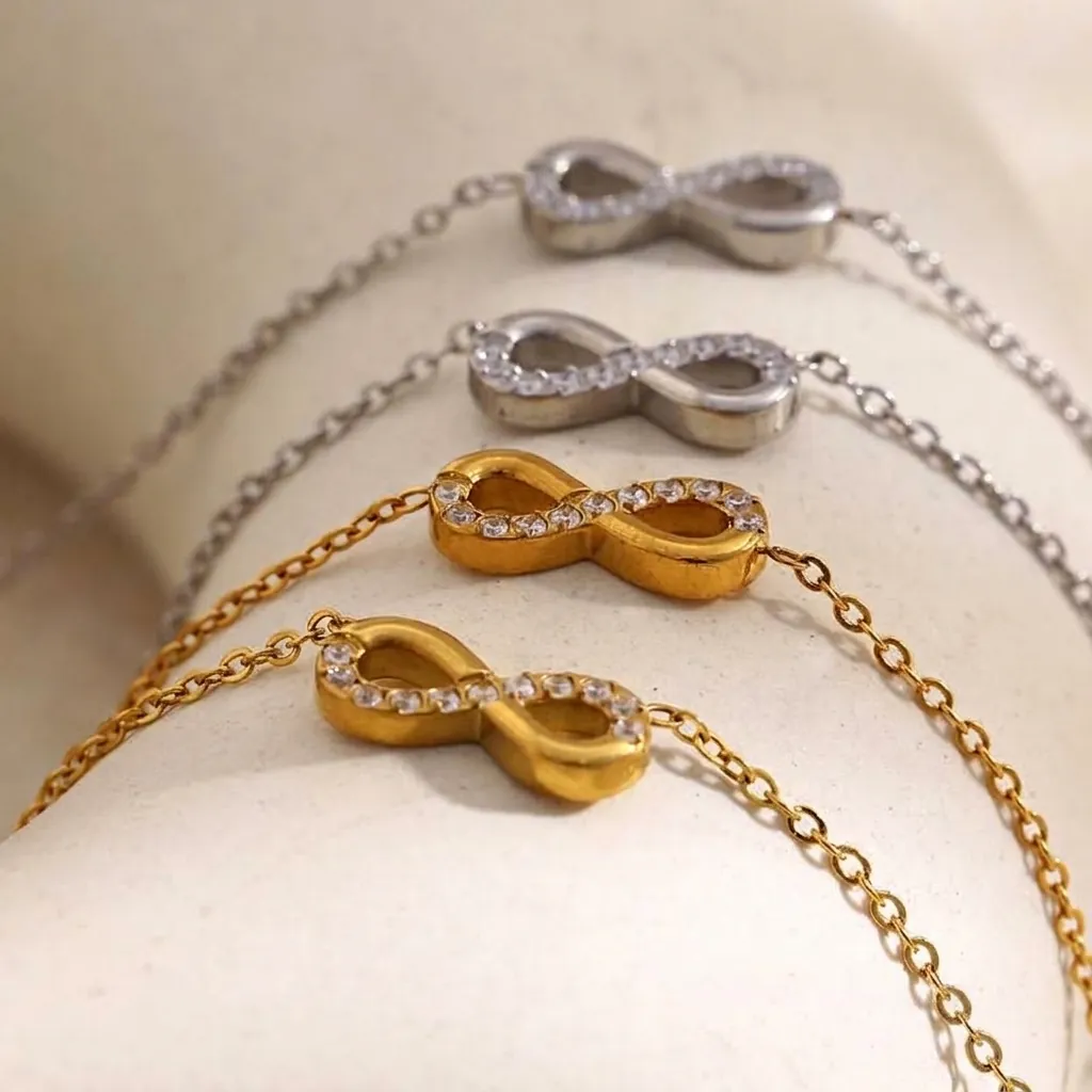 Fashion Infinity Symbol Rhinestone Necklace Bracelet Stainless Steel 18K Gold Plated Minimalist Jewelry For Women