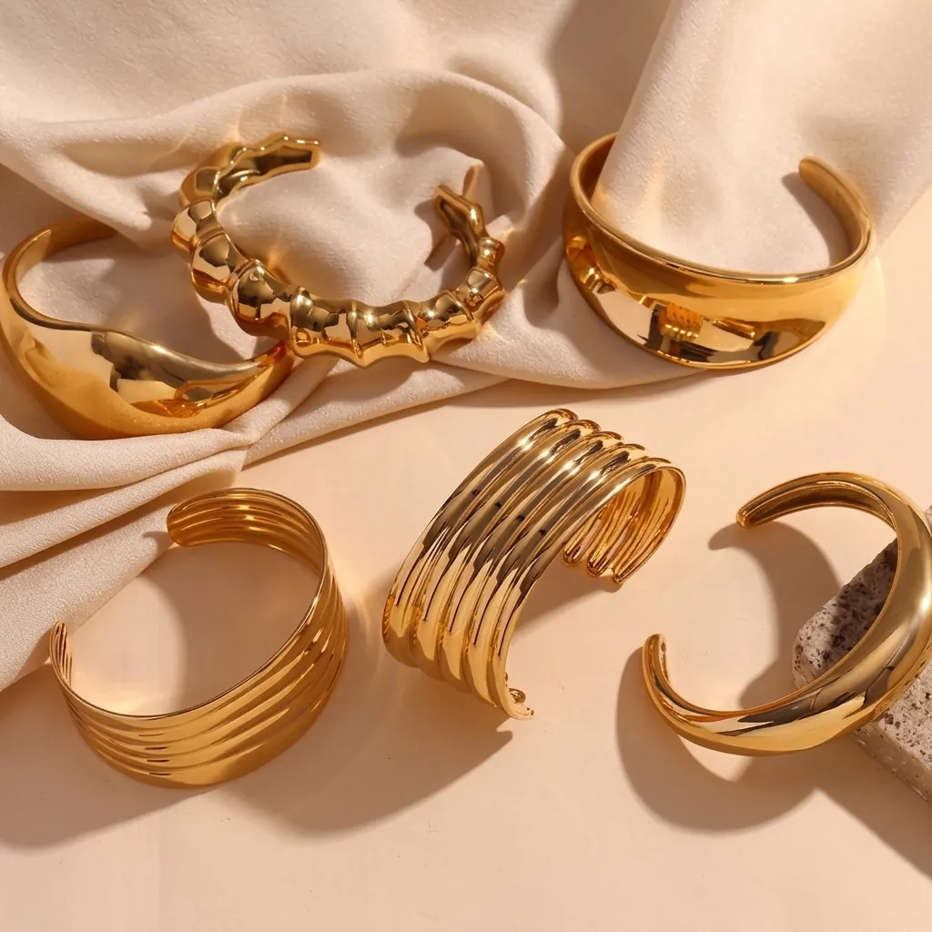 Bracciale Rigido Aperto in Acciaio Inossidabile Minimalista per Donna Oro Argento Geometrico Onda Bambù Multistrato Largo Moda Gioielli