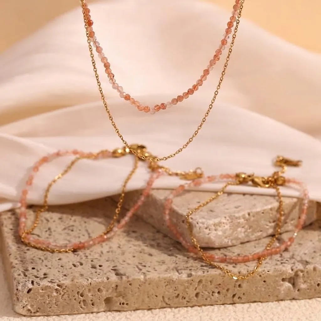 Fashion Double Layer Stainless Steel 18K Gold Plated Natural Sunstone Beaded Bracelet Necklace Anklet For Women Accessory