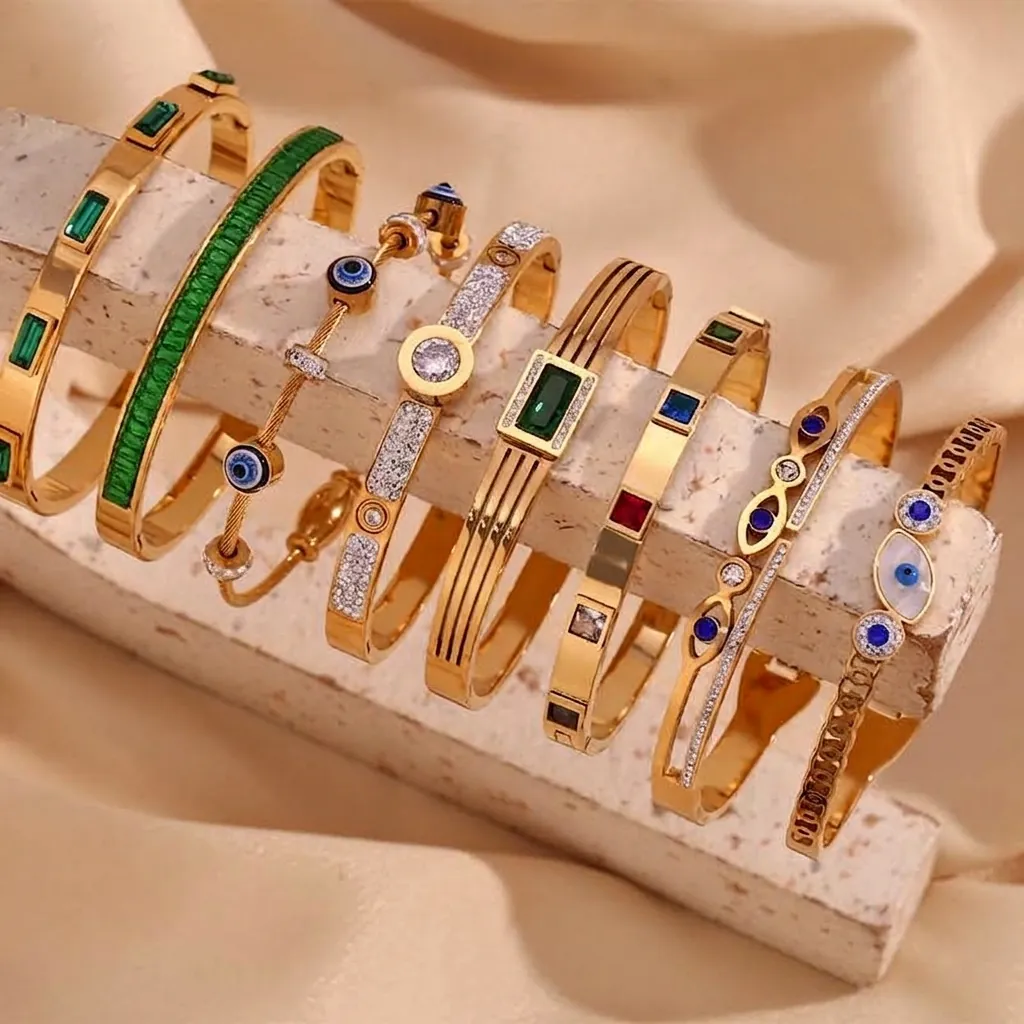 Stainless Steel Bangle Bracelet 18K Gold Plated Zircon Evil Eye Emerald Cut Luxury Fashion Jewelry For Women