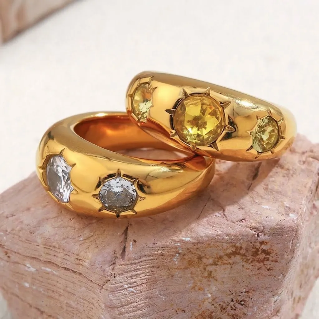 Chunky Dome Ring Stainless Steel 18K Gold Plated Zircon Starburst Setting Retro Vintage Jewelry For Women