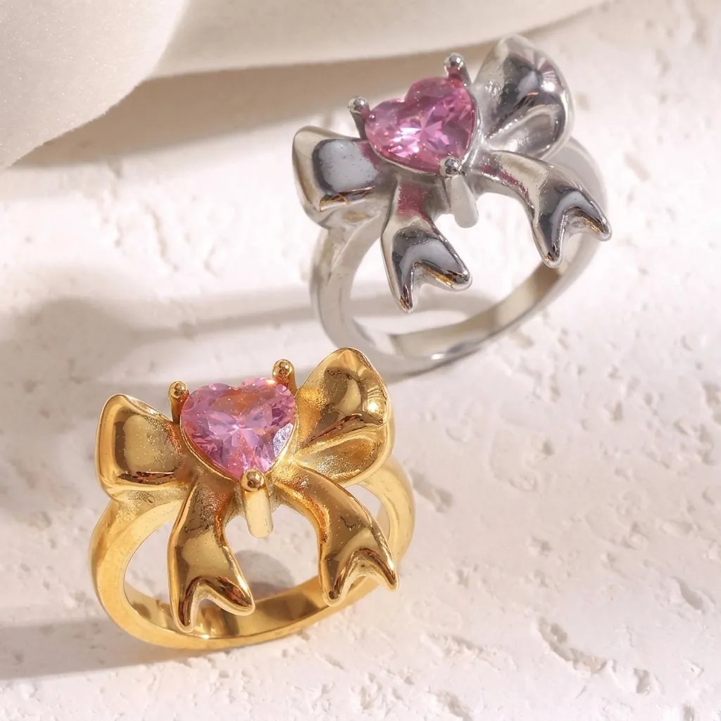 Schleife Ring Herz Pinker Zirkon 18K Vergoldet Edelstahl Mode Schmuck Für Damen Eleganter Nischenstil Accessoires
