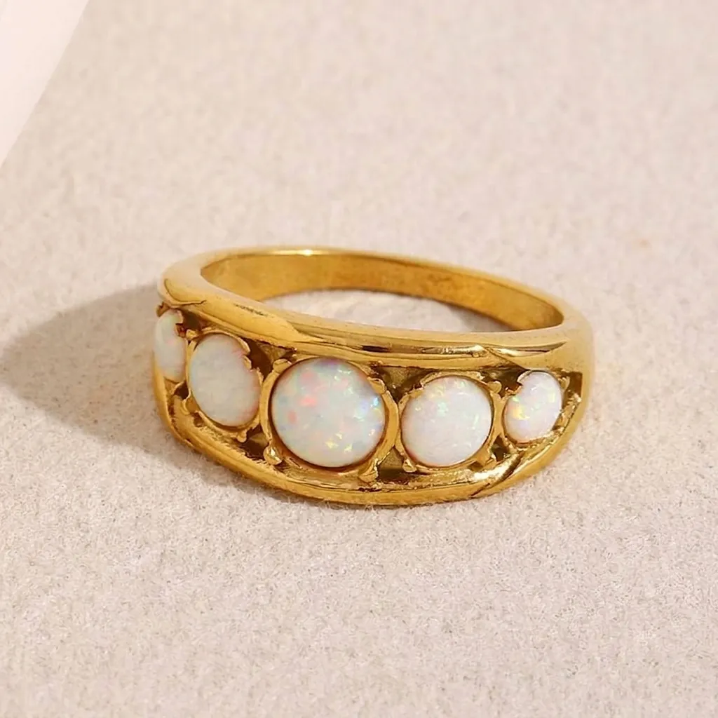 Opal Ring Vintage 18K Gold Plated Stainless Steel Row Jewelry For Women French Style Elegant Fashion Ring