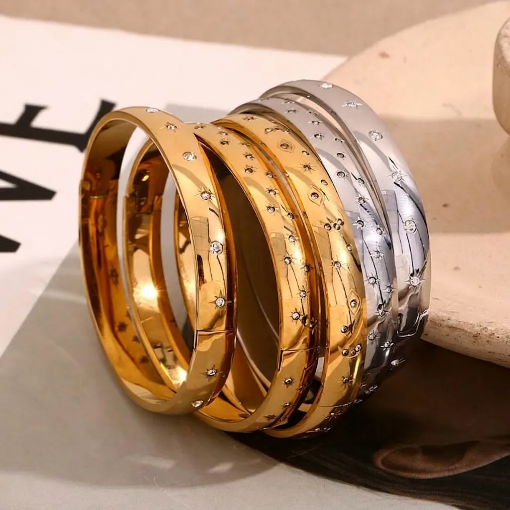 Brazalete De Acero Inoxidable Chapado En Oro 18K Estrella Luna Mal De Ojo Octagrama Circón Blanco Joyería Celestial