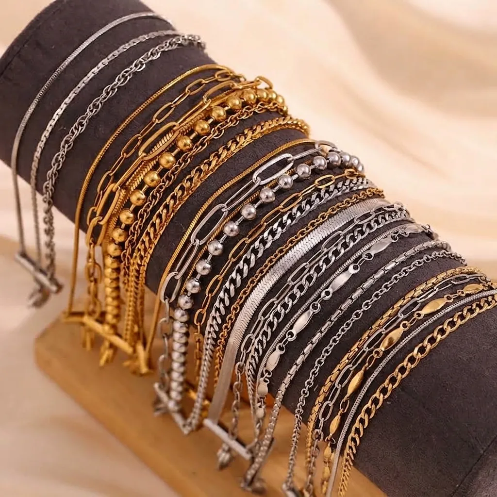 Stainless Steel Layered Anklet For Women 18K Gold Plated Minimalist Triple Layer Chain Snake Bone Geometric Ankle Jewelry