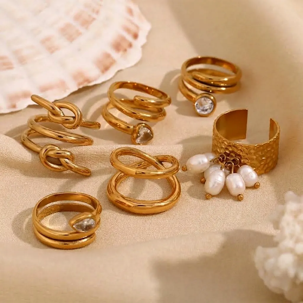 Anillos De Acero Inoxidable Chapado En Oro De 18K Multicapa Serpiente Corazón Circonita Perla Artificial Joyería Geométrica Moda Mujer