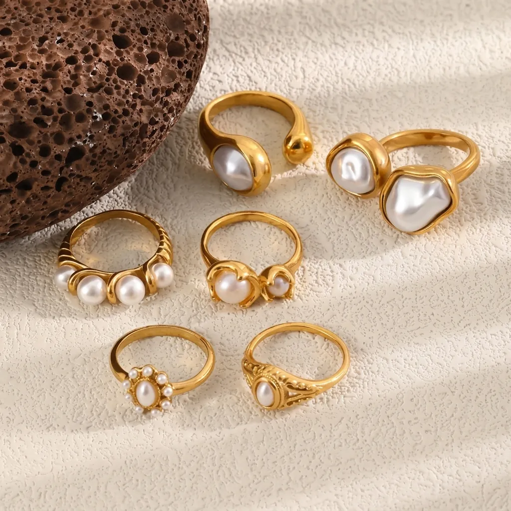 Bague Vintage en Acier Inoxydable Plaqué Or 18K avec Perle Artificielle pour Femme Bague Ouverte Géométrique Luxueuse Bijoux de Mode