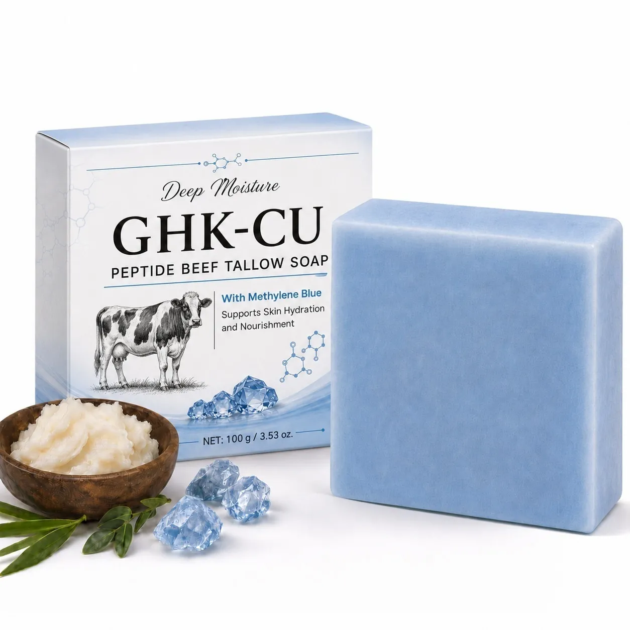Savon au Suif de Bœuf et Peptide de Cuivre GHK-Cu Hydratation Profonde Nettoyant Apaisant Savon Artisanal pour Soins de la Peau 100g