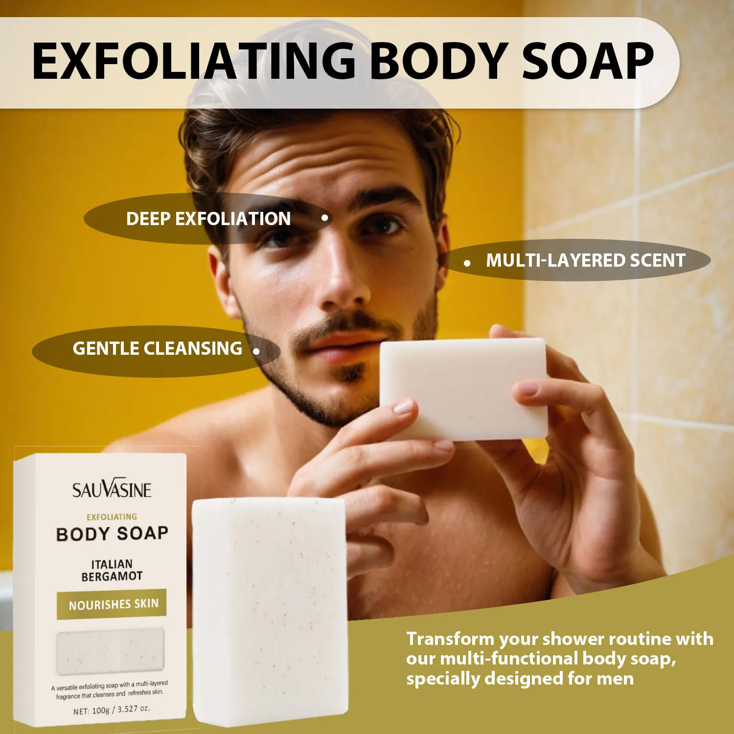 Sauvasine Exfoliating Body Soap For Men Women Italian Bergamot Scent Deep Cleansing Bar Soap With Pumice Particles Skin Care